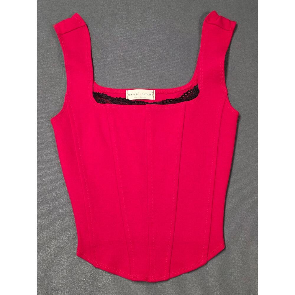 Womens Corset Tank Top XS Boning Red Lace Trim Fitted Square Neck Wide Strap Red
